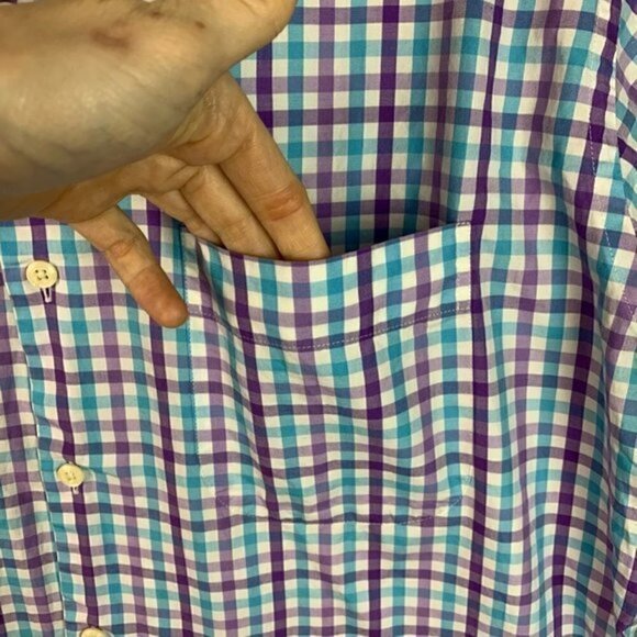 Peter Millar Mens Button Down Shirt Blue White Gingham Short Sleeve Pocket L - Picture 7 of 10